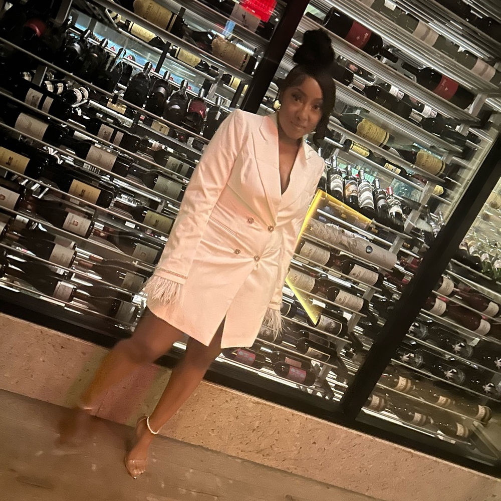 Quilla White Feather Crystal Sleeve Backless Blazer Dress